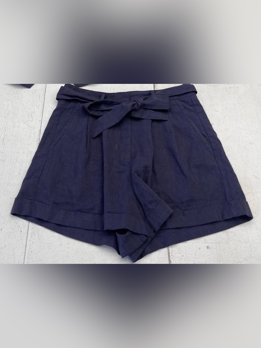 white birch Navy Tie-Waist High-Rise Linen Blend Shorts